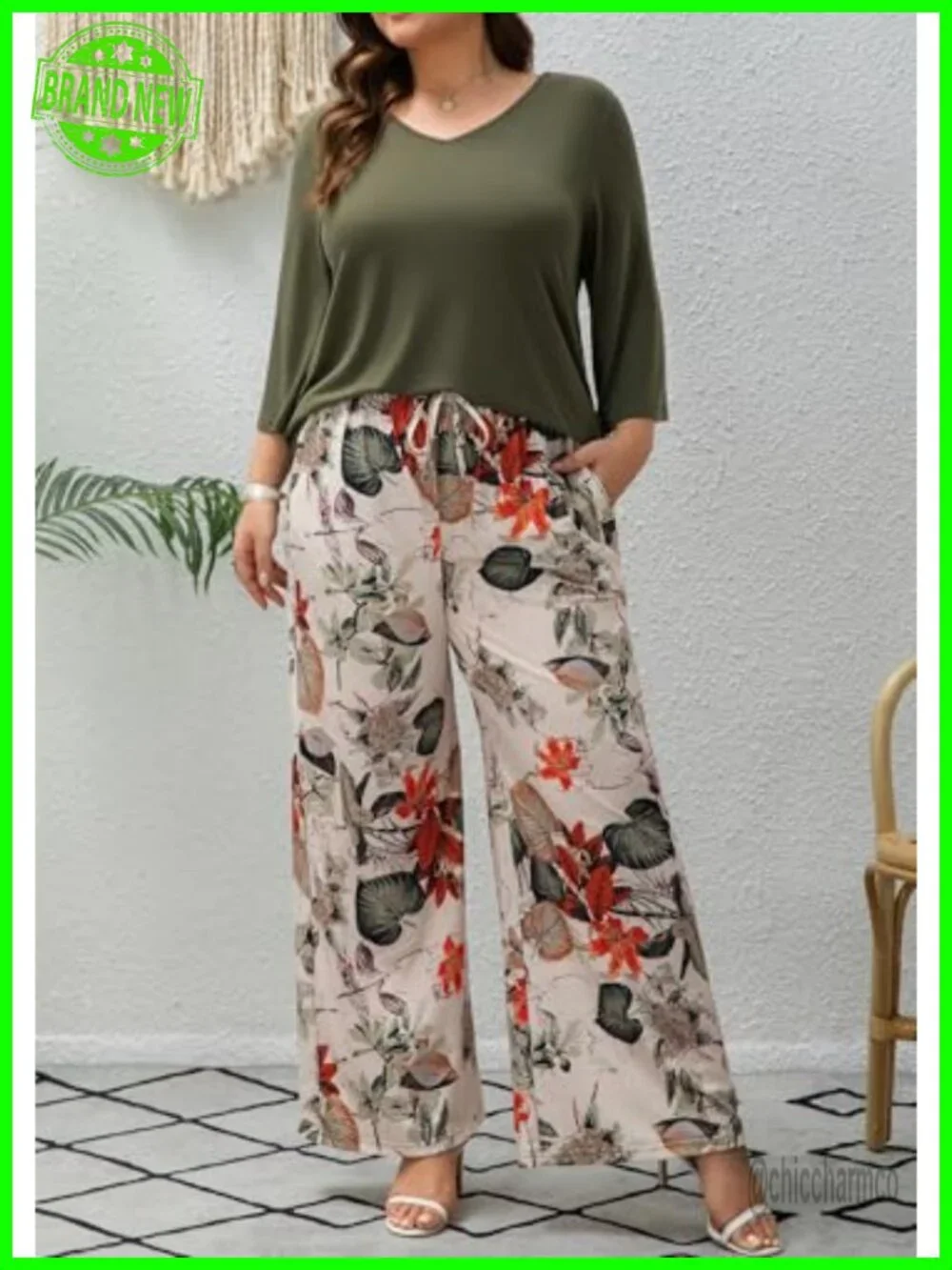Plus Size 2 Piece Outfits 3/4 Sleeve Tunic Top Floral Print Wide Leg Pant Sets